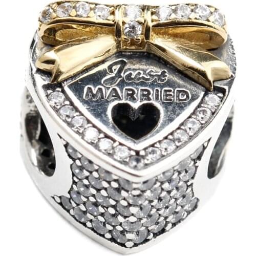 925 Sterling Silver Just Married Heart Charms with Golden Bow knot & Clear CZ Bead Fit Original Bracelet DIY Jewelry