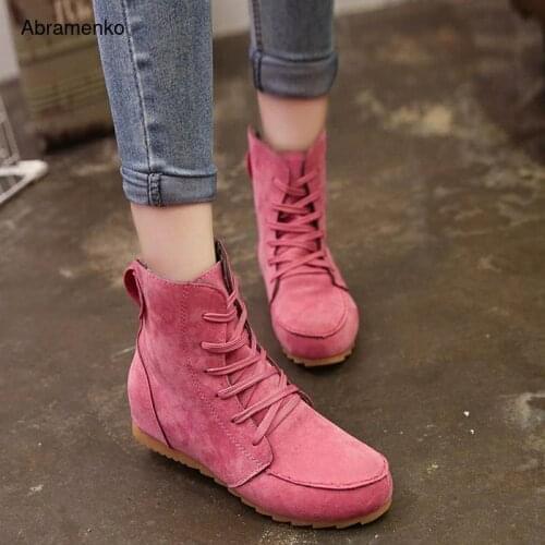 Ankle Boots for Women Leather Casual Shoes Booties Woman Lace Up Flat Martin Boots Ladies 4 Color Black Pink Shoes Size 35-40