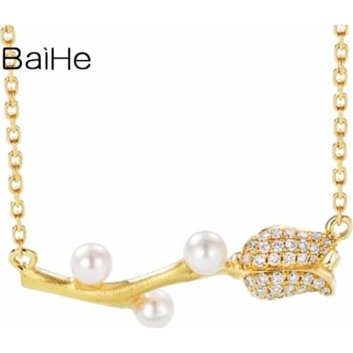 BAIHE Solid 18K Yellow Gold Natural Freshwater pearl Diamonds Wedding Trendy Fine Jewelry Delicate rose flower diamond Necklaces