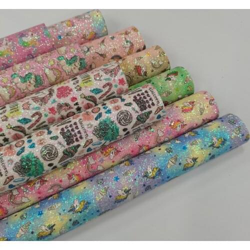 Derun 1.38m*10M Rainbow Color Unicorn Printing Glitter Pu Leather 3D Glitter Fabric