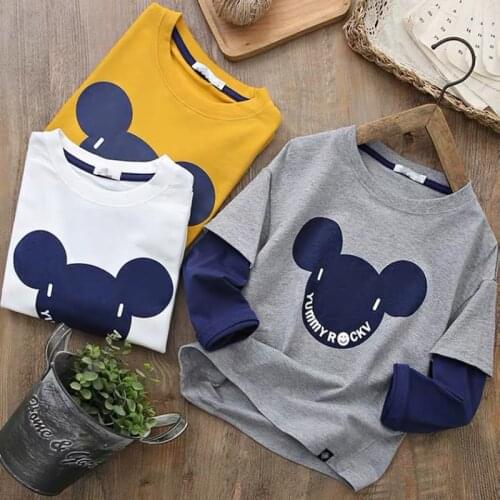 Boys Cartoon Mickey Long Sleeve Cotton 2021 Spring Vacation Two Spring and Autumn Childrens T-Shirt Top Bottom Shirt