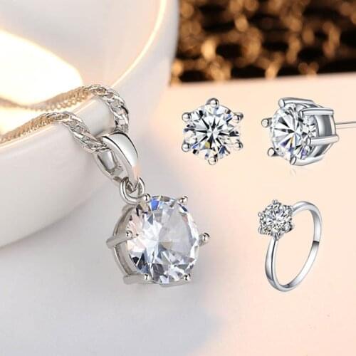 Ekopdee New Fashion Dainty Zircon Stud Earring Necklace Ring For Women Elegant Engagement Wedding Jewelry Set Valentines Gift