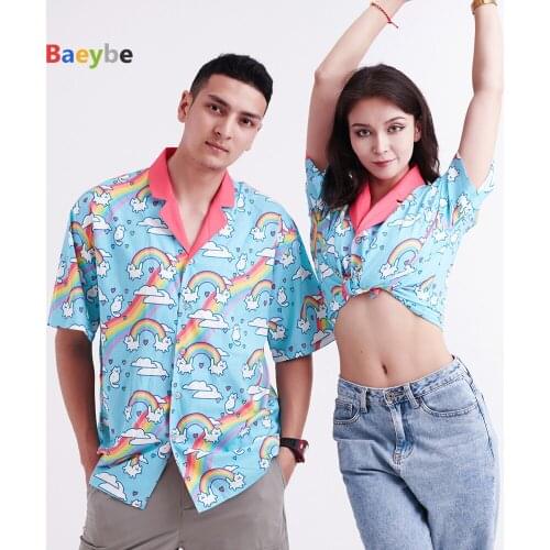 Blue Cat Rainbow Hawaiian Shirt Men Women HIp Hop Chemise Homme Camisa Masculina Printed Cotton Shirt for Men