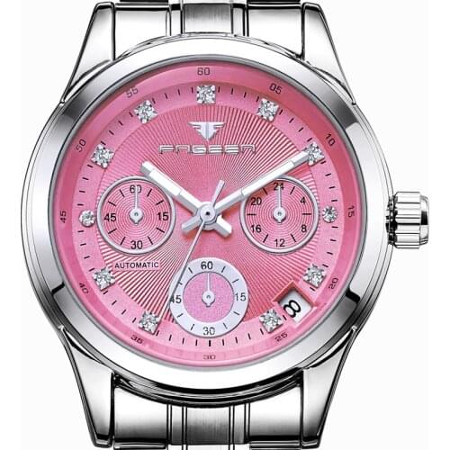 Hot FNGEEN Pink Ladies Watch Skeleton Automatic Mechanica Rhinestone Luxury Women Watches Girl Crystal Reloje Mujer Montre Femme