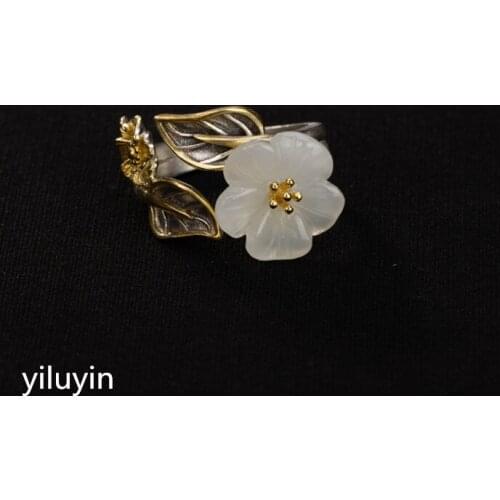 KJJEAXCMY boutique jewelryar 925 pure silver gilded natural Hetian jade white mosaic mosaic leaves lady high-end open ring