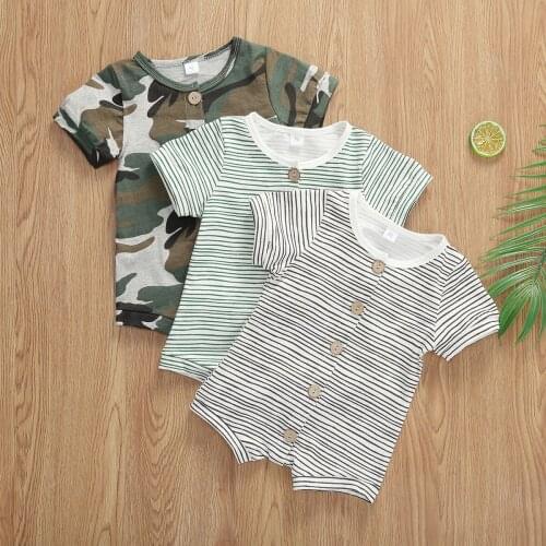 0-24M Newborn Infant Baby Boys Striped Camouflage Print Short Sleeve Single Jumpsuits