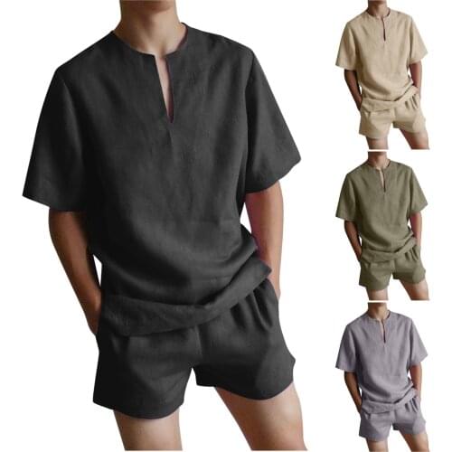 Mens Summer Suit Casual Solid Color Irregular Collar Large Size Cotton And Linen Suit High Quality Simple Daily Shirt Short Set