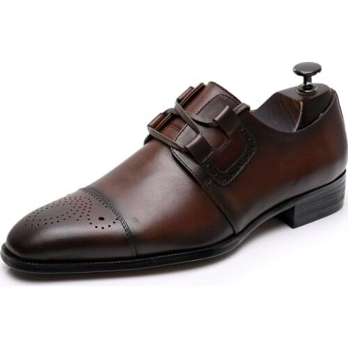 Handmade Men Genuine Cowhide Wingtip Leather Carved Pointed Toe Laces Up Oxfords Dress Brogues Wedding Business Platform Shoes