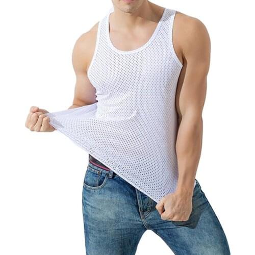 Men Sporty Sleeveless O Neck Solid Color Mesh See-Through Top Slim Workout Vest Mens Clothing