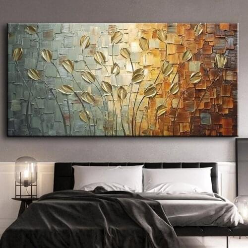 Nordic Abstract Golden Leaves Flowers Oil Painting on Canvas Wall Art Posters Prints Wall Pictures for Living Room Home Cuadros