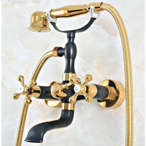 Black Gold Color Brass Wall Mount Bathroom Tub Faucet Dual Cross Handles Telephone Style Hand Shower Clawfoot Tub Filler ana458