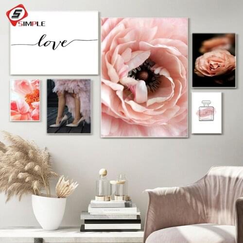 Pink Rose Peony Flower Wall Poster Nordic Fashion Perfume Love Quote Print Scandinavian Canvas Painting Contemporary Art Picture