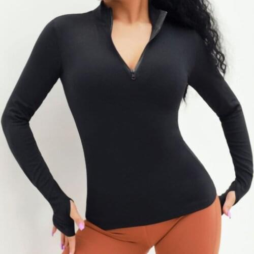 NORMOV Sexy Fitness Women Tops Long Sleeve With Thumb Holes Zipper Tees Feamle Solid Quick Dry Workout Top Slim O-Neck Casual