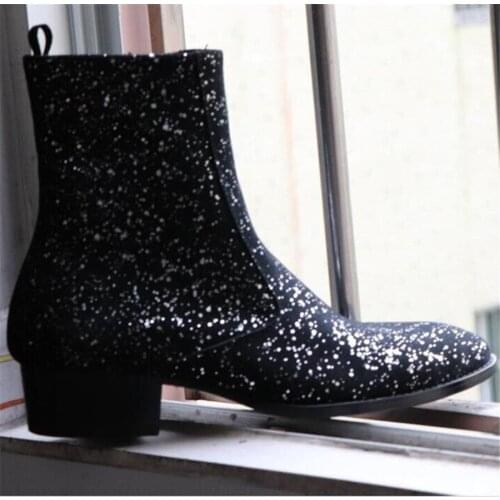 New Suede Sequin genuine leather Pointed Toe Party Wedding Stage Luxury Boots Handsome Wedge MEN Handmade Boots