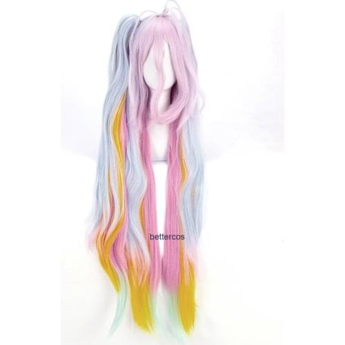 No Game No Life Shiro Cosplay Wigs Blue Pink Yellow Mix 120cm Long Wavy Heat Resistant Synthetic Hair Wig + Wig Cap