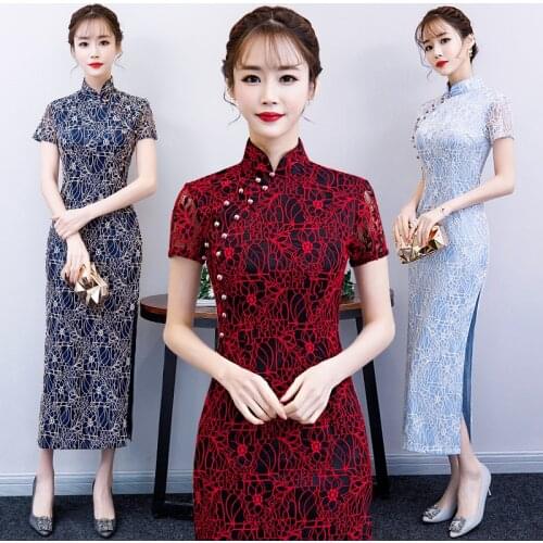 Spring New Improved Cheongsam Dress Girl Style Short Sleeve Lace Cheongsam Long Style Dress Chinese Women Sexy Qipao Платье