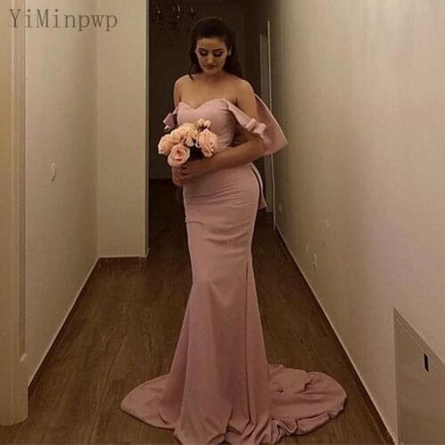 YiMinpwp Blush Mermaid Bridesmaid Dresses Off Shoulder Sweep Train Big Bow Wedding Guest Party Gowns Maid of Honor Dress