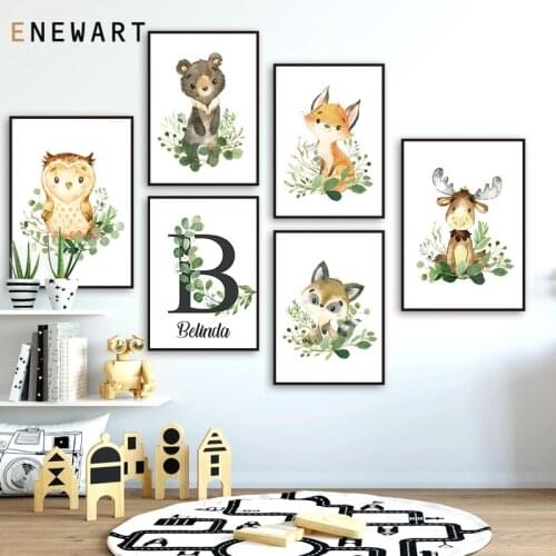 Dropshipping Custom Name Canvas Painting Kids Room Decor Green Leaves Bear Rabbit for Nursery Wall Art Personalized Poster