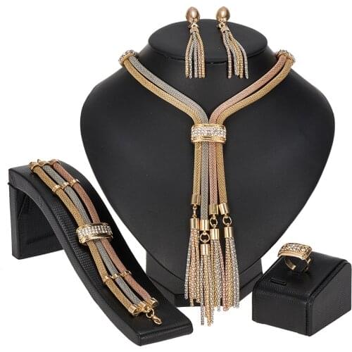 Multicolor Bridal Wedding Crystal Dubai Gold Jewelry Sets for Women Necklace Earrings Bracelet Ring New Indian Jewelry Sets