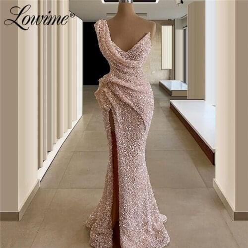 Beading Pink Prom Dresses 2020 Robe De Soiree Arabic Formal Kaftans High Split Side African Party Gowns Dubai Evening Dress