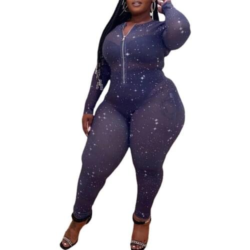 Sexy Sheer Mesh Skinny Jumpsuit Women Party Club Romper Zipper Front Long Sleeve One Piece Playsuit Outfits Plus Size 4XL 5XL