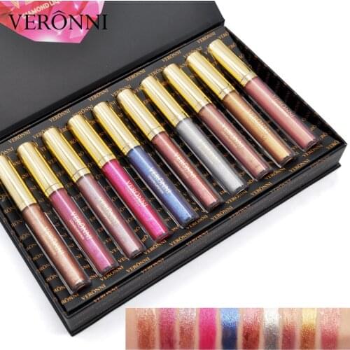 VERONNI 10pcs/lot Diamond Lip Gloss Glitter Liquid lipstick Makeup Set Metalic Shimmer Shine Luminous Pigment Lasting Waterproof