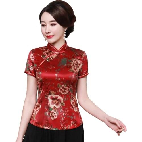 Shanghai Story Cheongsam Shirt Qipao Top Short Sleeve Chinese Traditional Tahi Chi Top Faux Silk Chinese Blouse For Woman M-5XL