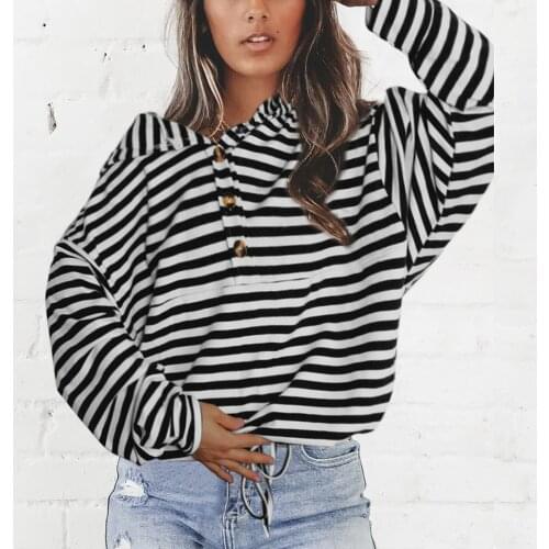 Women Harajuku Oversized Hoodie Stripe Print Long Sleeve Pullover Hooded Sweatshirt Button Women Sweetshirts Худи Оверсайз