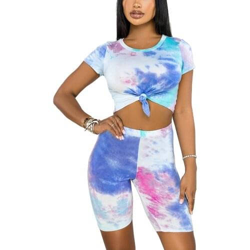 Women’s Leisure Suit Tie-Dyed Short Sleeves Tracksuit Outfit T-Shirt + Elastic-Waist Slim Bike Shorts Outfit Ladies Sportwear