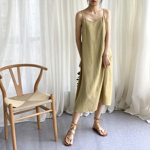 Johnature Casual Sleeveless Women Render Dresses 2021 Summer New V-neck Spaghetti Strap Loose Solid Color Dress