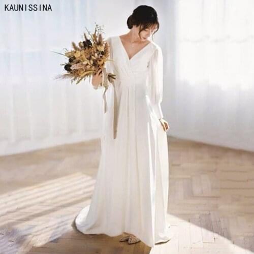 KAUNISSINA Long Sleeve Wedding Dresses Women V-Neck Open Back Wedding Gowns for Bride White Sweep Train Long Marriage Dress