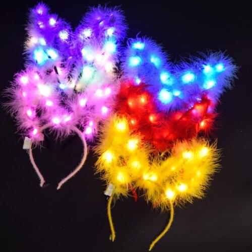 10pack Women Girls LED Light Up Feather Rabbit Bunny Headband with Plush Feather Rabbit Ear Colorful Hair Band Party Headwear