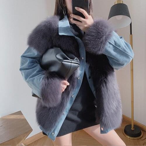 2020 fashion women Fox fur patchwork denim fur coat thickening warm jackets ladies coat multicolor womens jacket