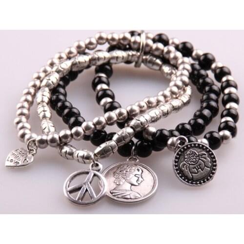 Free shipping Fashion semi preciouse stone bracelet with peace,heart and princess charm women gift elastic bracelet