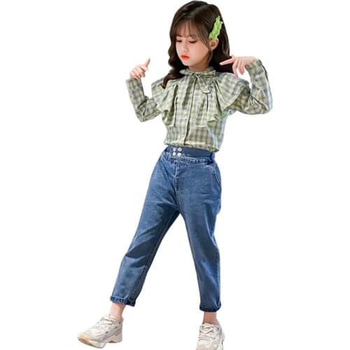 Children Clothes Plaid Blouse + Jeans Girls Clothing Spring Autumn Girl Set Casual Style Childrens Suit 6 8 10 12 14
