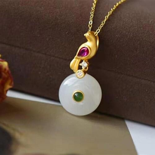 Natural Hetian White Jade Bird Pendant Necklace Chinese style retro unique ancient gold craft charm womens brand jewelry