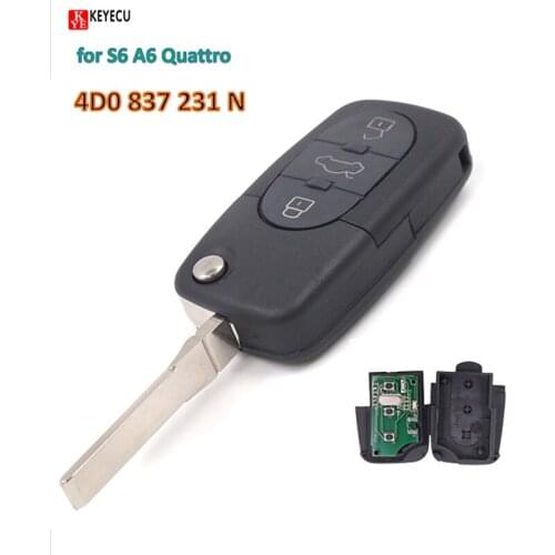 Keyecu Replacement Remote key Keyless Entry Fob 3Button 433MHZ 4D0 837 231 N for 2002-2004 S6 A6 Quattro With ID48 Chip W/Logo