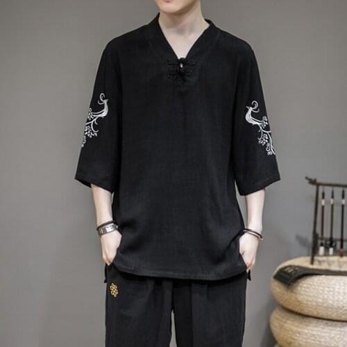Chinese Style Cotton Linen T-Shirt MenS Summer Short-Sleeved Tang Shirt Loose Large Size T-Shirt Japanese Kimono Men New 30281