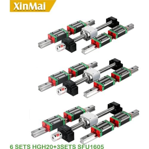 6 sets linear rail HGH20 linear guide any length+ linear bearing blocks+SFU1605 ball screw+3 BK12/BF12+3 DSG16H nut+3 Coupler