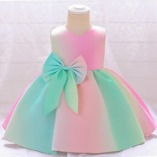 Cute Bow Christmas Party Princess Dress Sweet Rainbow Candy Color Girls Dress Child Carnival Costume Baby Clothes Birthday Gift