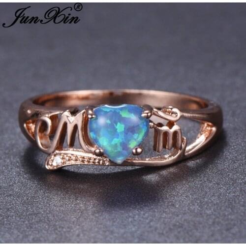 Cute Rainbow Blue Purple White Fire Opal Ring Rose Gold Letter MOM Rings For Women Love Heart Wedding Bands Mother Day Jewelry