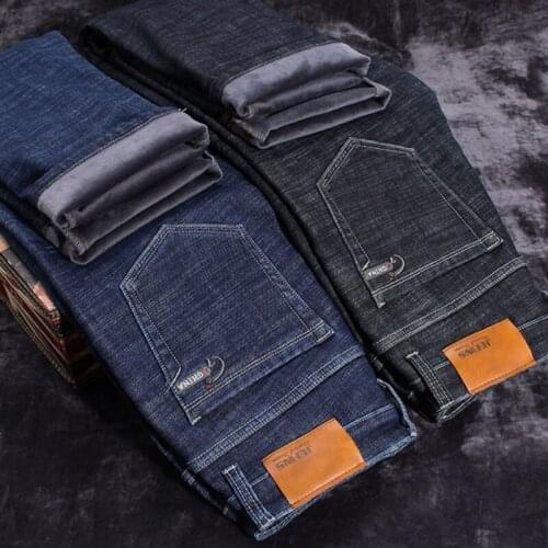 Men Winter Black Jeans Fleece Thicken Warm Denim Jeans High Quality Men Stretch Slim Fit Casual Long Jeans Elastic Pants 40