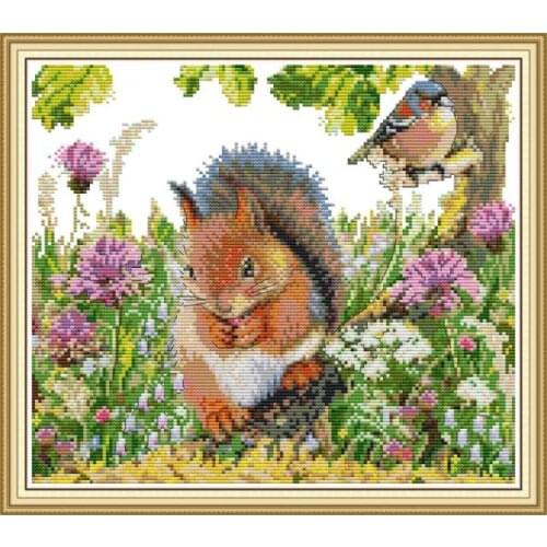 Squirrel and bird cross stitch kit aida 14ct 11ct count printed canvas stitches embroidery DIY handmade needlework