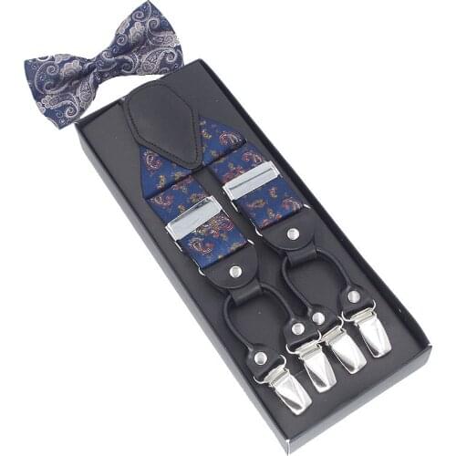New Suspenders Set leather 6 Clips Braces with Bow Tie Vintage Casual Suspensorio Trousers Strap Father/Husbands Gift