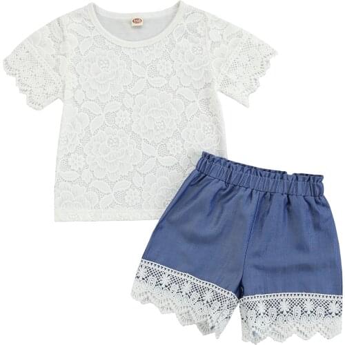 New 2Pcs Kids Summer Outfit, Girls Lace O-Neck Short Sleeves T-Shirt + Stitching Elastic Waist Denim Shorts, 2-7 Years