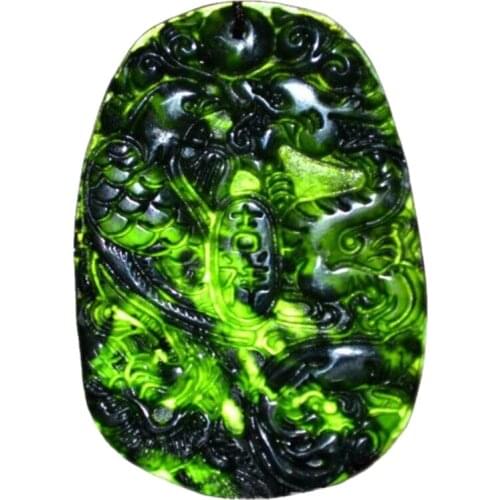 Natural Black Green Chinese Jade Dragon Phoenix Pendant Necklace Obsidian Charm Jewellery Carved Amulet Gifts for Men Her
