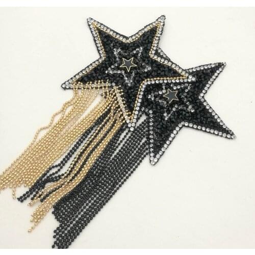 SICODA 6pcs 8.5cm star hot fix patch with chains diy sewing iron on applique with rhinestones diy star tassel brooch