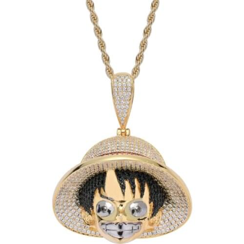 Rhinestone Men Necklace Ice Out Cubic Zircon Hip Hop Face Pendant Gold Color Charm Chain Jewelry