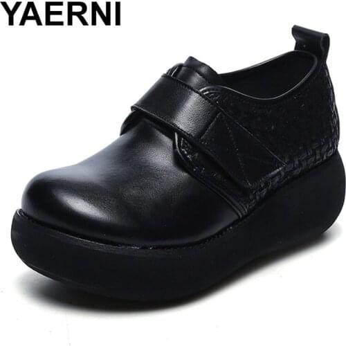 YAERNI Genuine Leather Womens Shoes Soft Woven Leather Shoes Black Brown Platform Shoes For Women Casual Leather Flats Shoes
