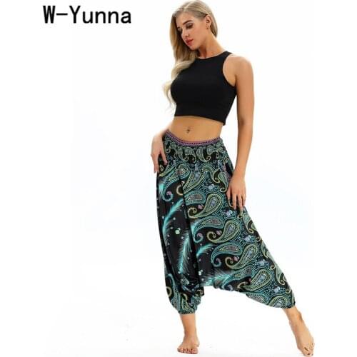 W-Yunna Streetwear Fashion Stylish Boho Pants Women Summer Loose Cross Pants Feather Print Punk Workout Pants Pantalon Femme